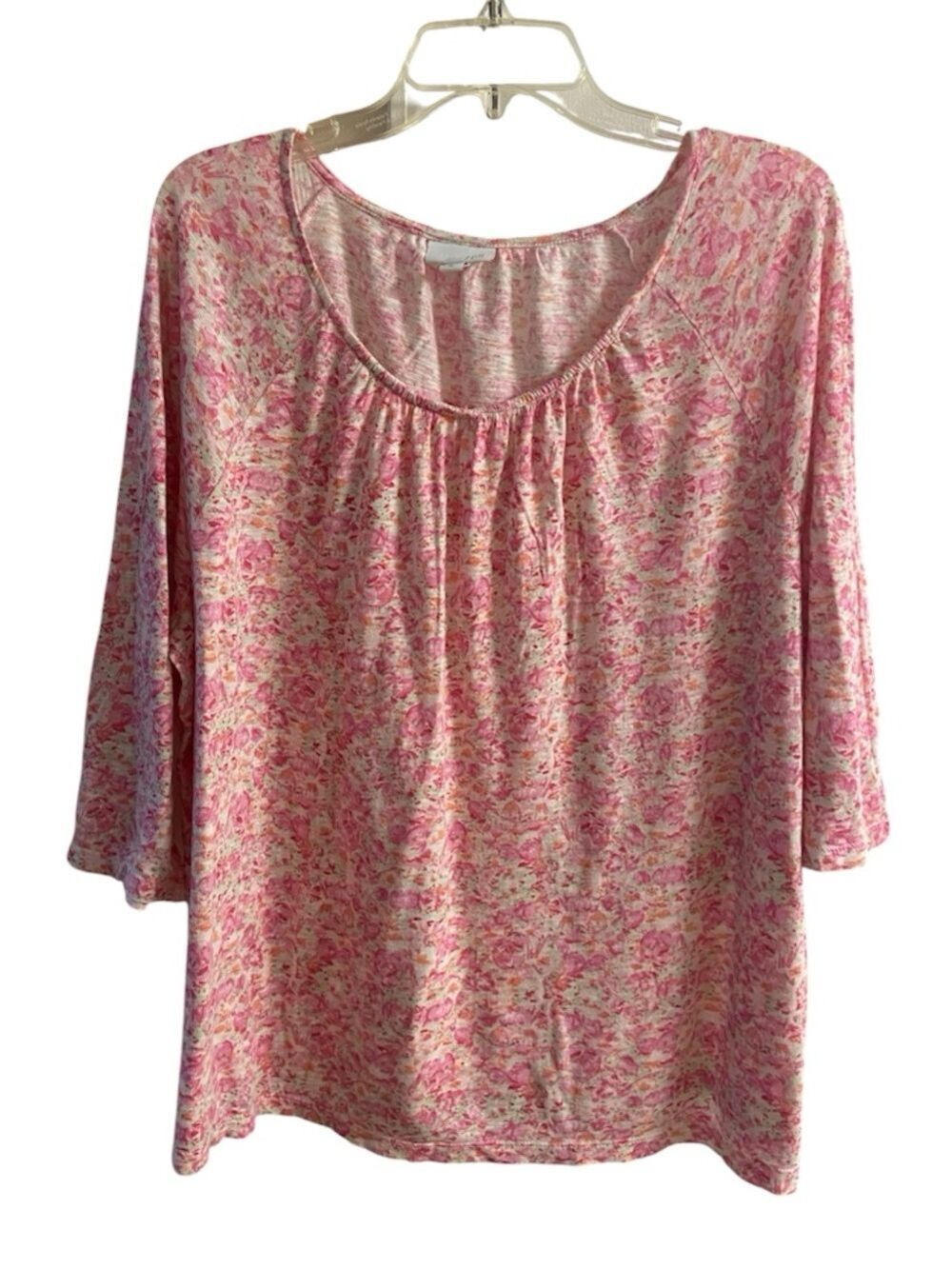 J Jill Pink Orchid Floral Scoop-Neck Blouse Top 3/4 Sleeves XL